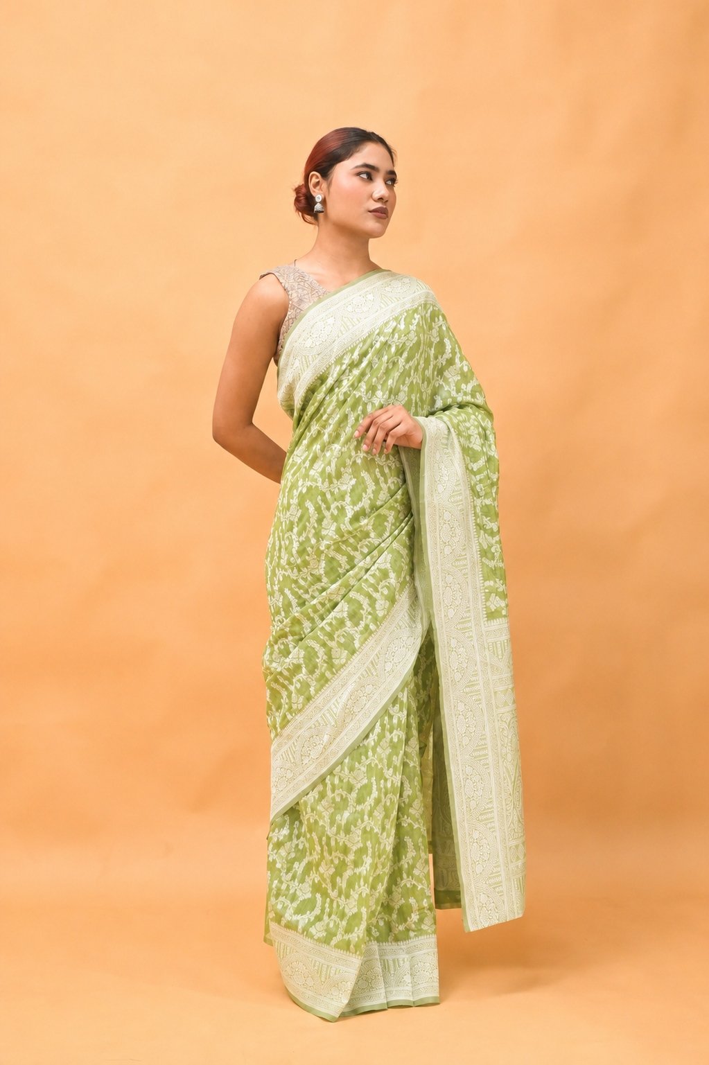 Leaf Jaal Olive Green Pure Cotton Saree With Strip Blouse